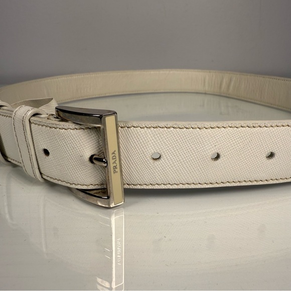 Prada Women’s Saffiano Cream Off-White Leather Belt Silver Buckle 80/32 1.25”W - Picture 1 of 14